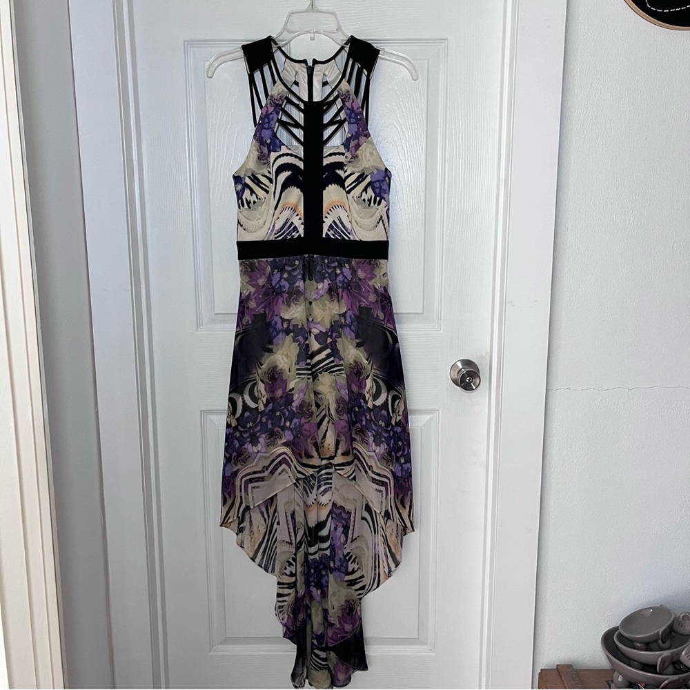bebe Purple Floral High-Low Halter Dress with Black Trim